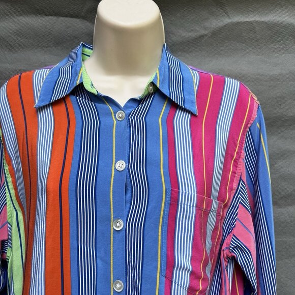 Lauren Ralph Lauren 100% Silk Striped Multicolored Collared Shirt Top Blouse - Picture 5 of 6